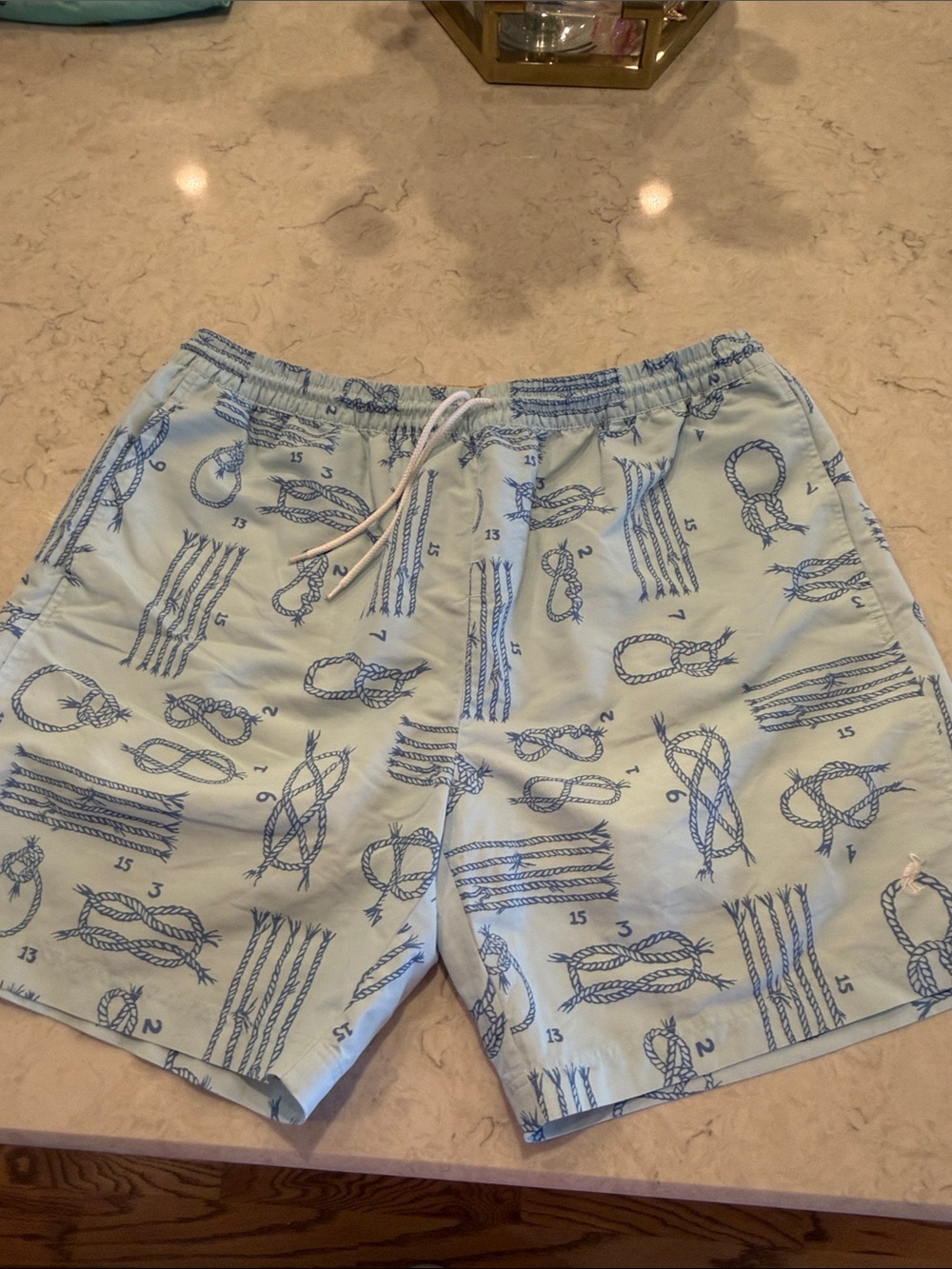 The Beaufort Bonnet Company Light Blue Swim Trunks with Navy Rope Print